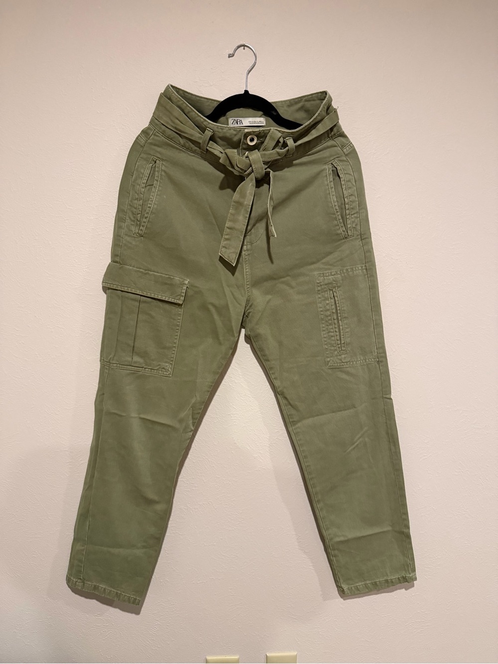Zara Sage Green Utility Cargo Pants with Tie Belt